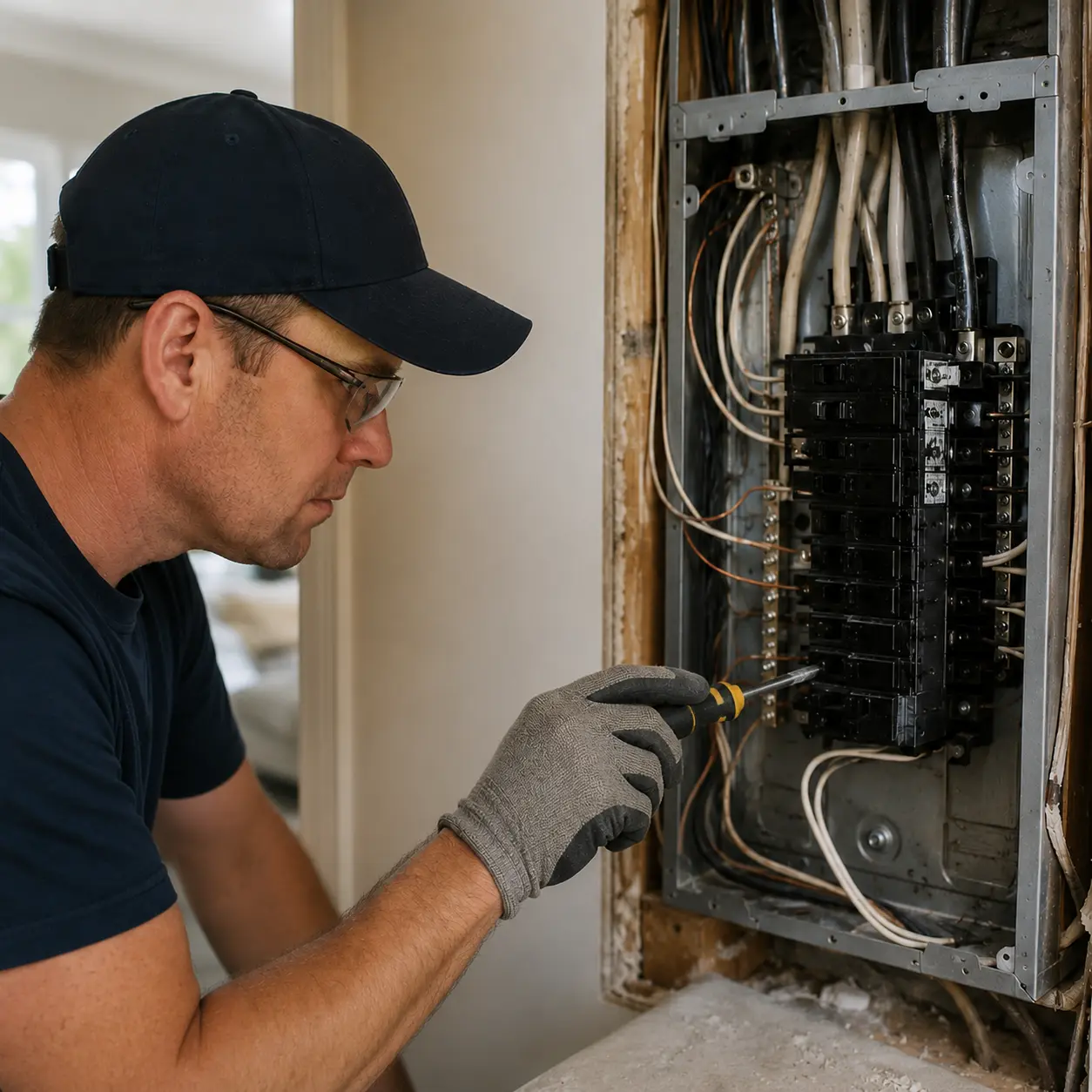 Electrician repairing a residential breaker panel