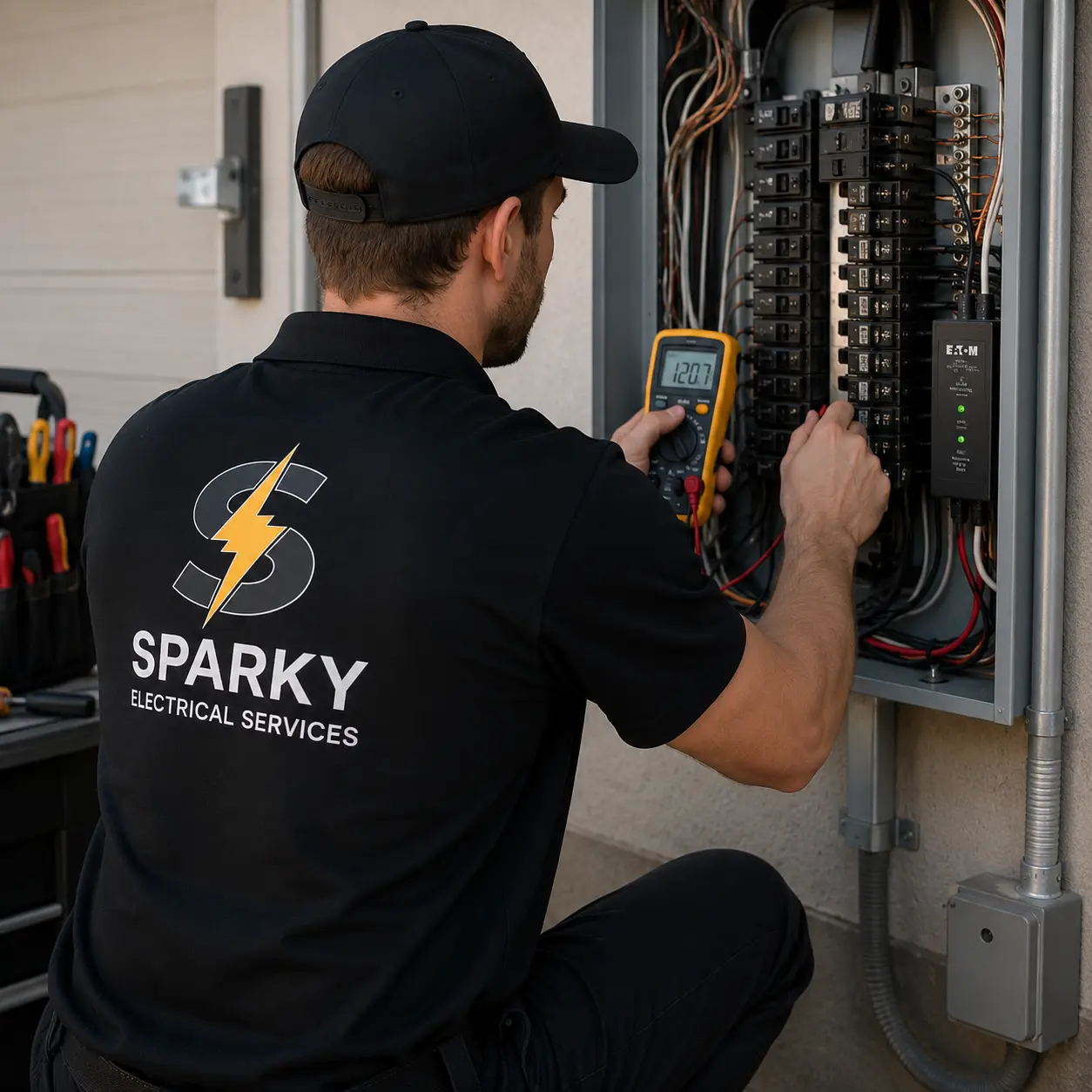 Sparky electrician testing a residential breaker panel