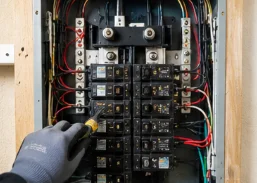 Electrician servicing a residential circuit breaker panel