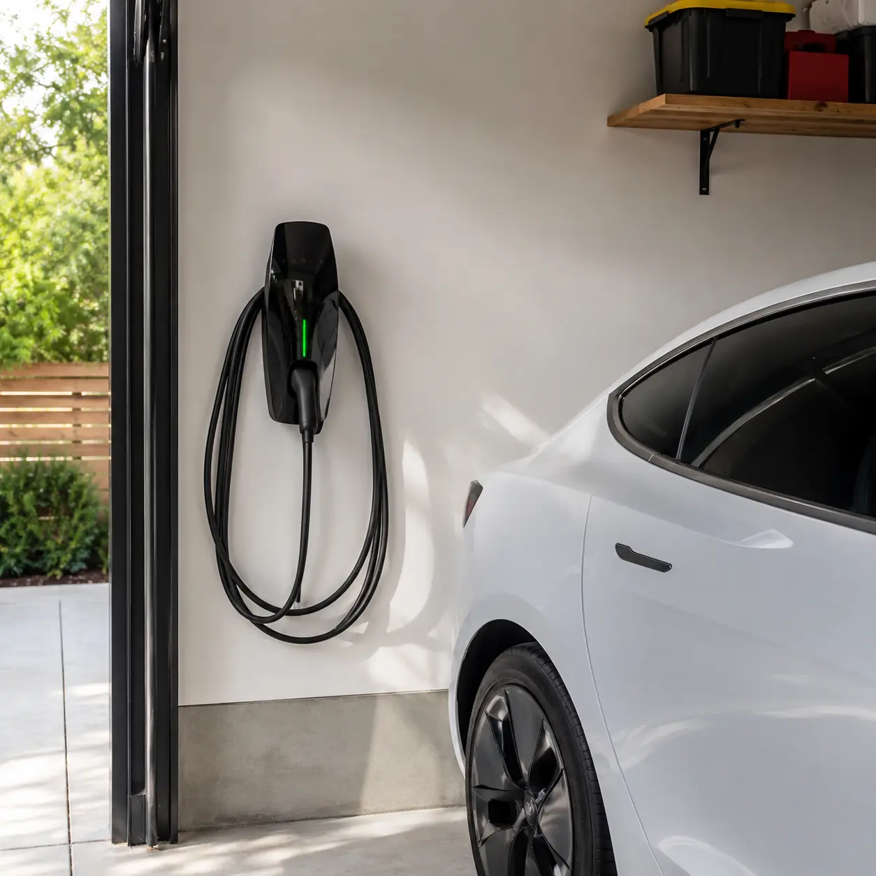 Residential EV charging station beside an electric car