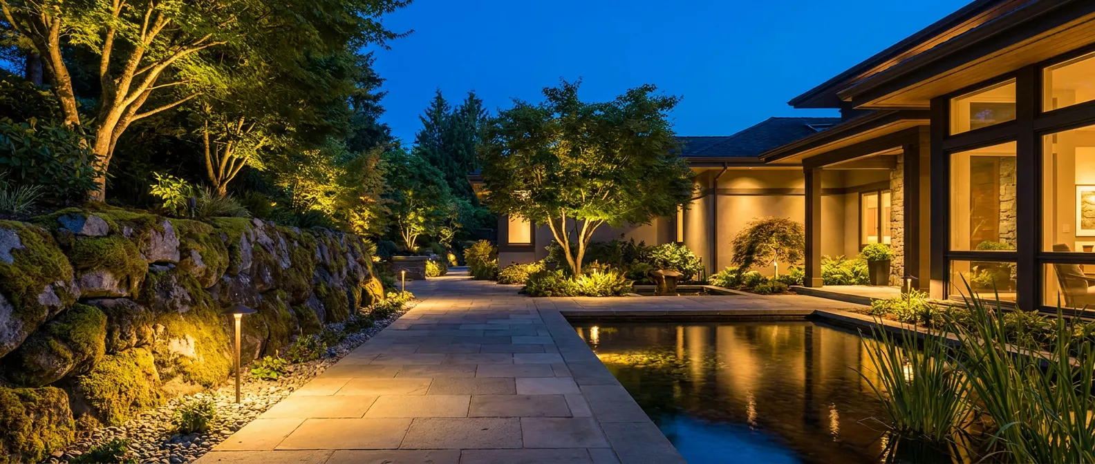 Residential landscape lighting around a modern home
