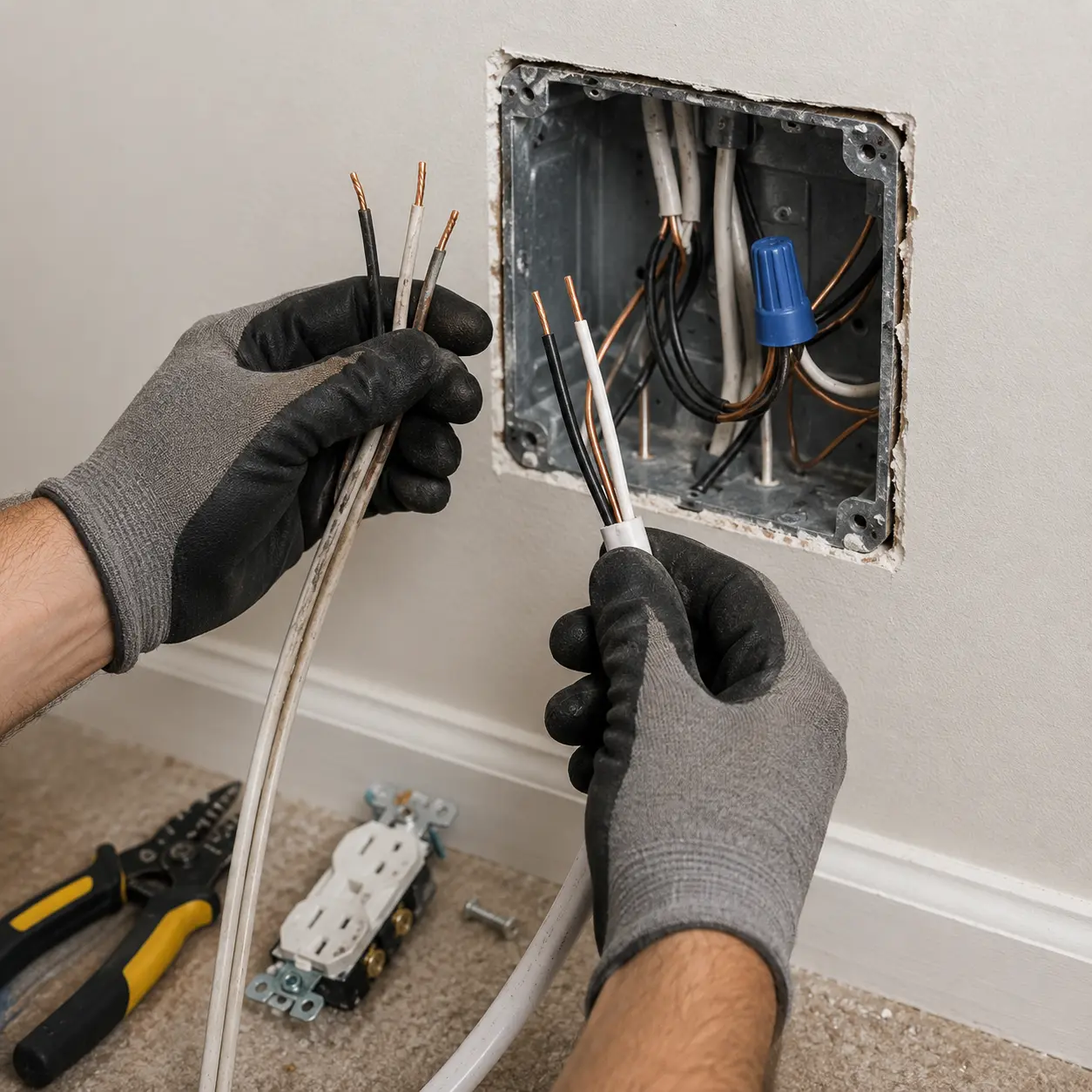 Electrician preparing wiring for a residential outlet