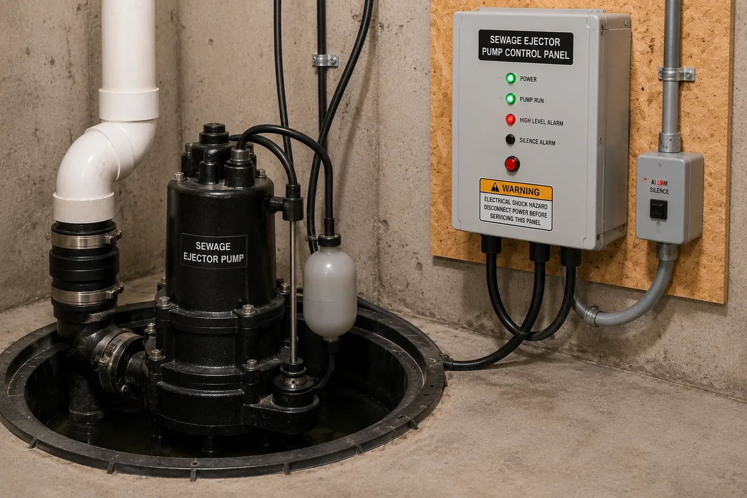 Sewage ejector pump with an electrical control panel