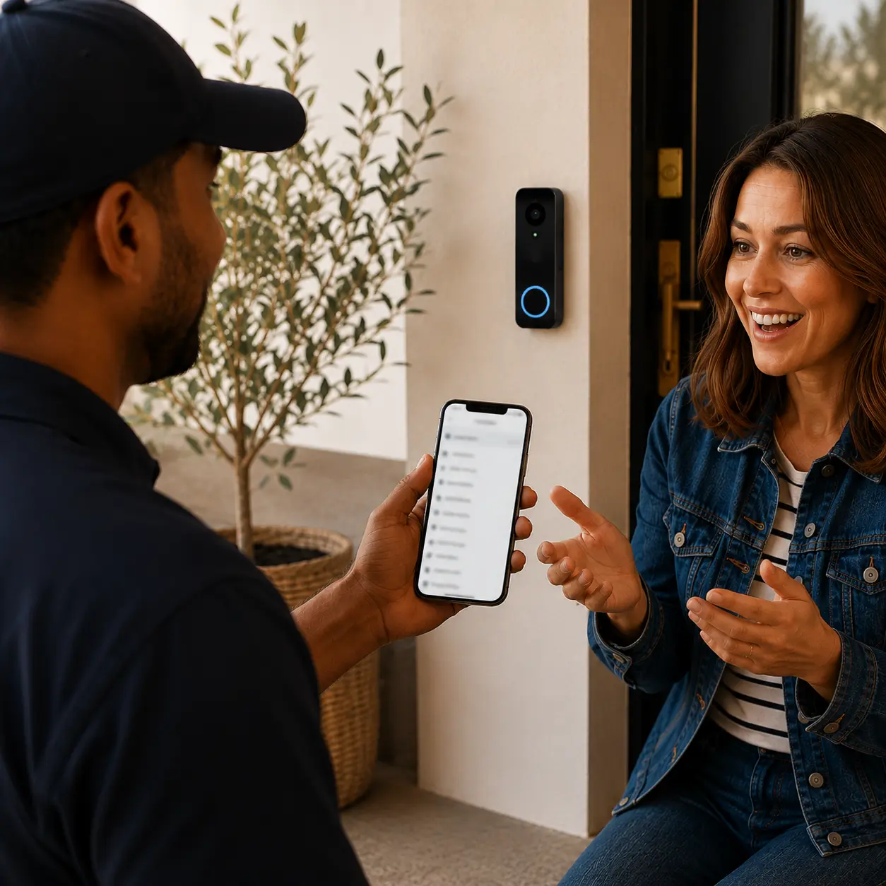 Technician explaining a smart doorbell app to a homeowner