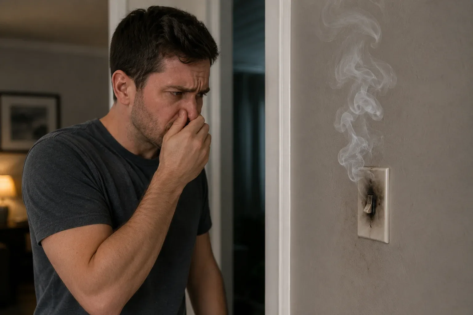 Homeowner noticing smoke from an electrical switch