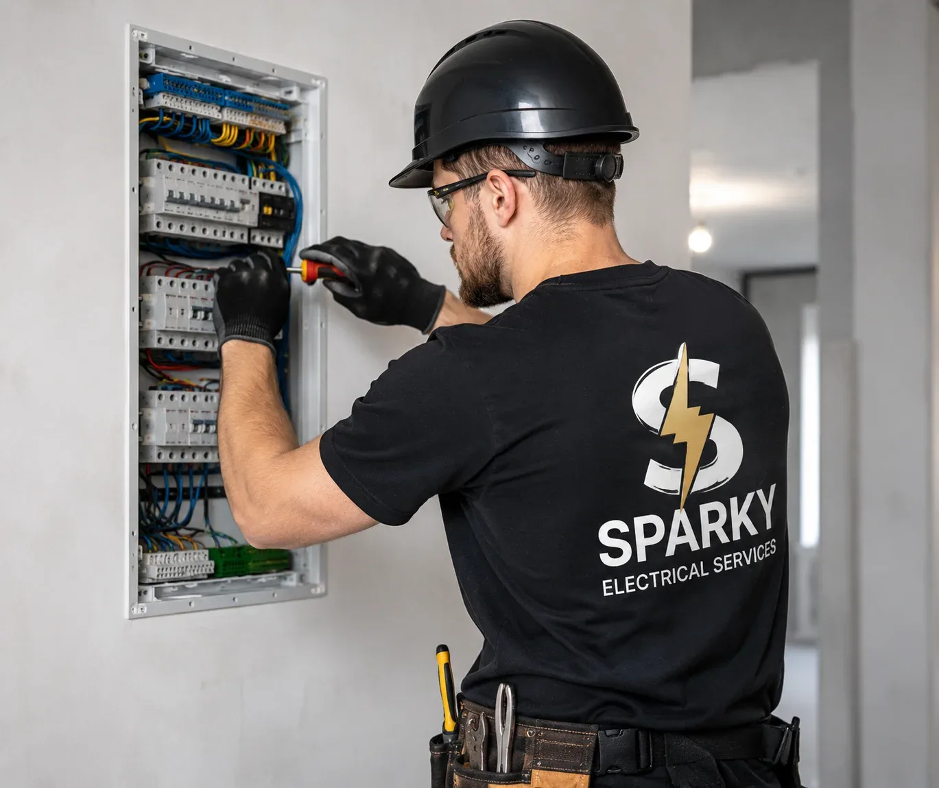 Sparky electrician servicing a breaker panel