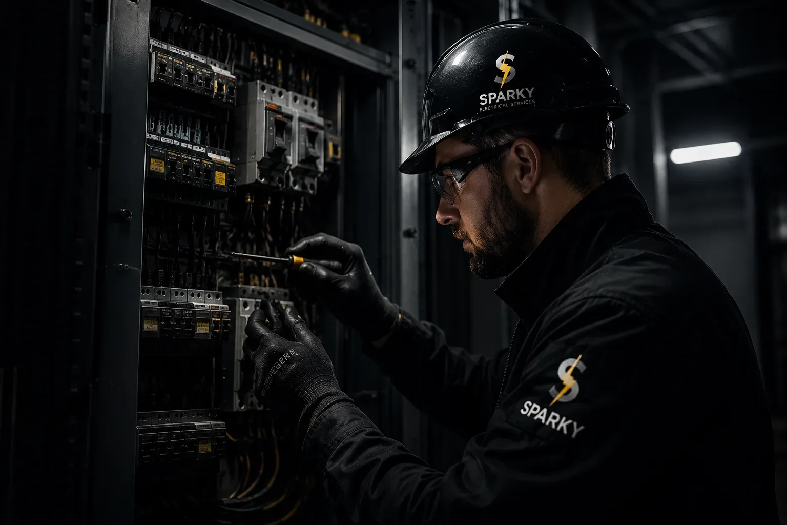 Sparky electrician repairing an industrial electrical panel