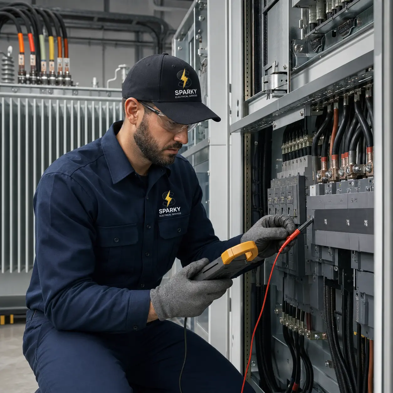 Sparky electrician testing industrial switchgear