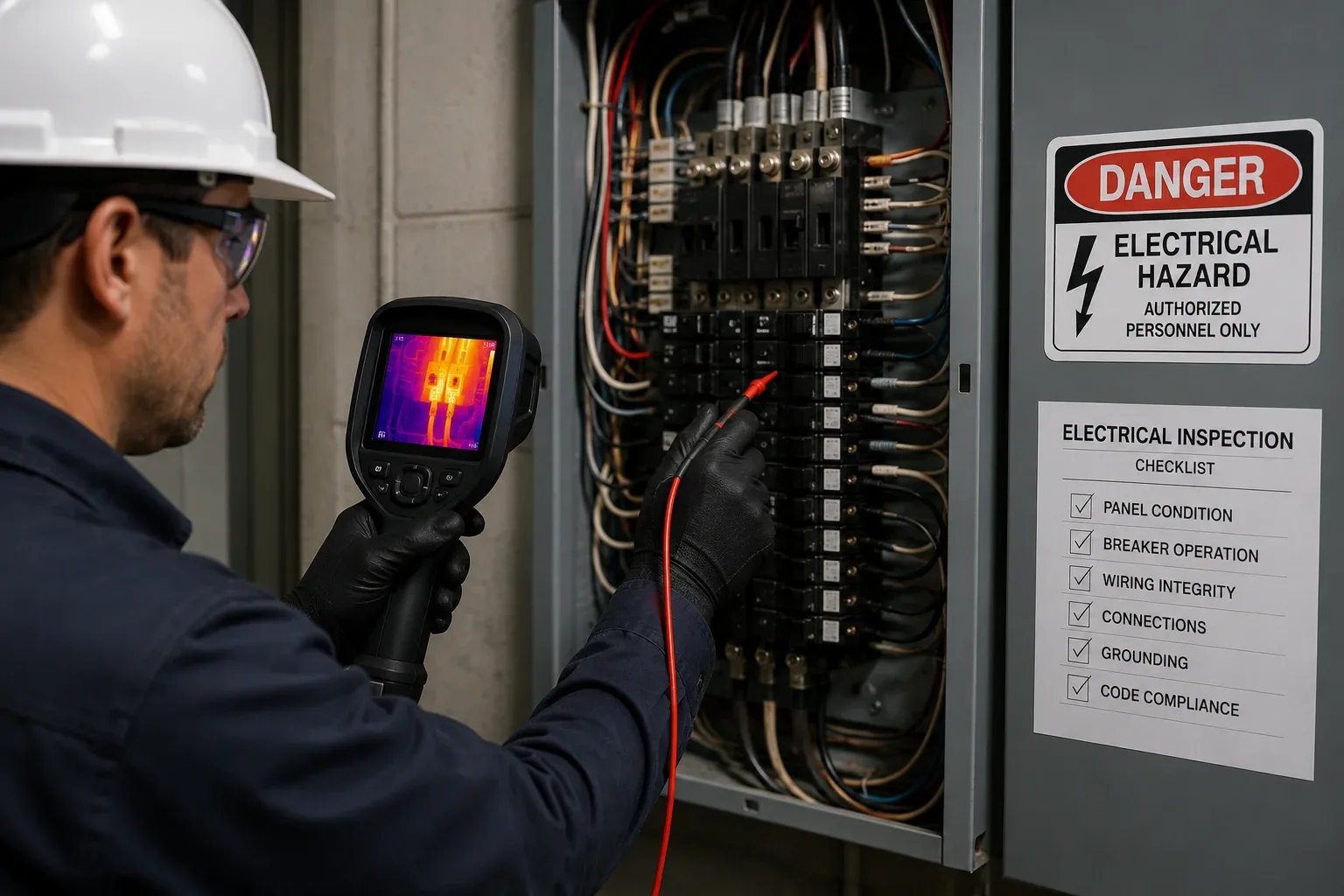 Electrician performing a thermal inspection of an electrical panel