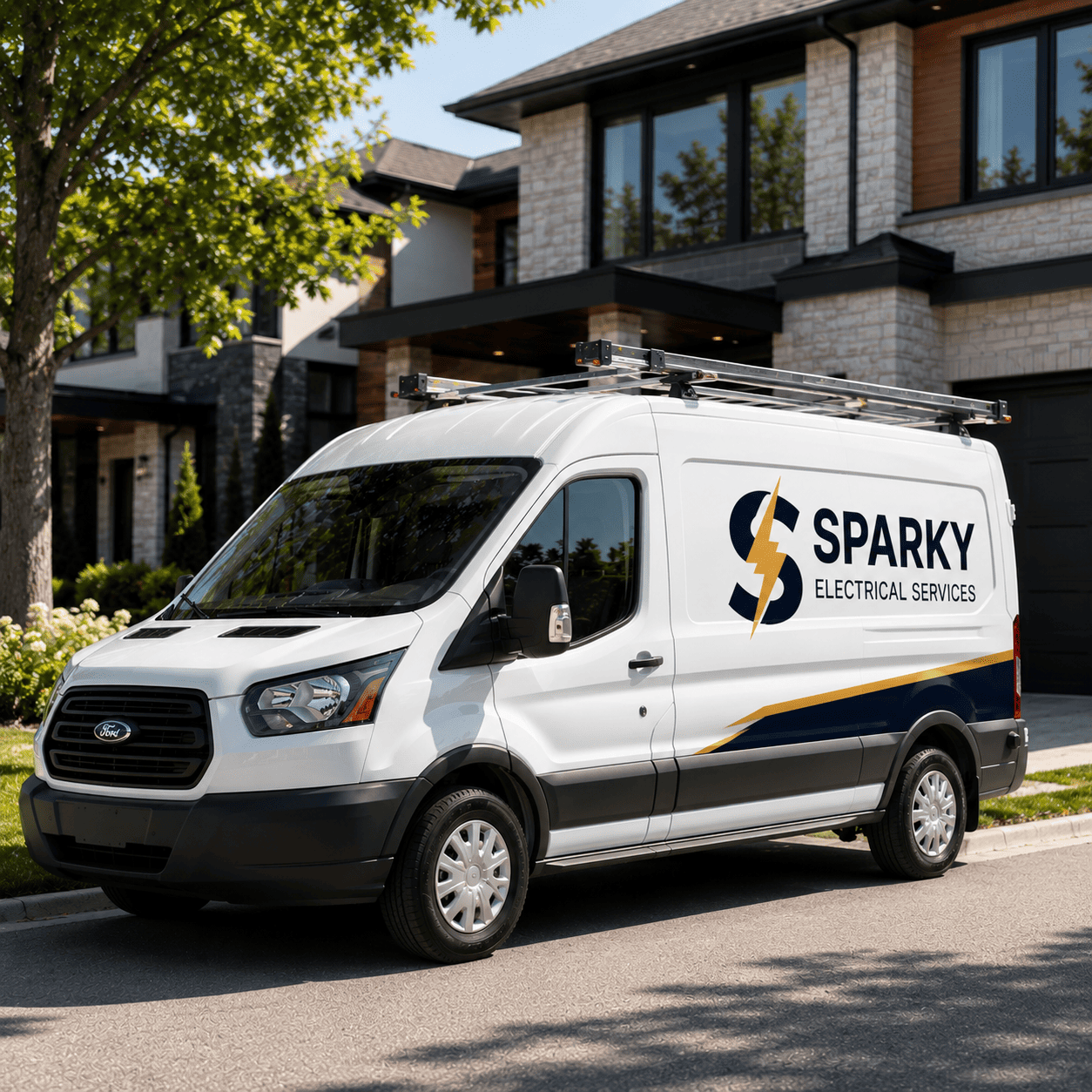 Sparky Electrical Services van parked outside a modern home