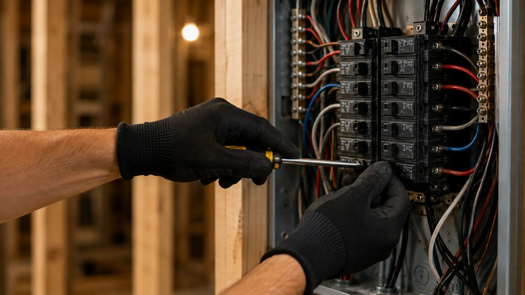 Licensed electrician inspecting an open breaker panel in a Welland home