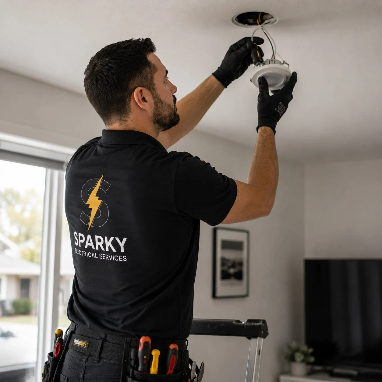 Sparky electrician replacing a wall outlet