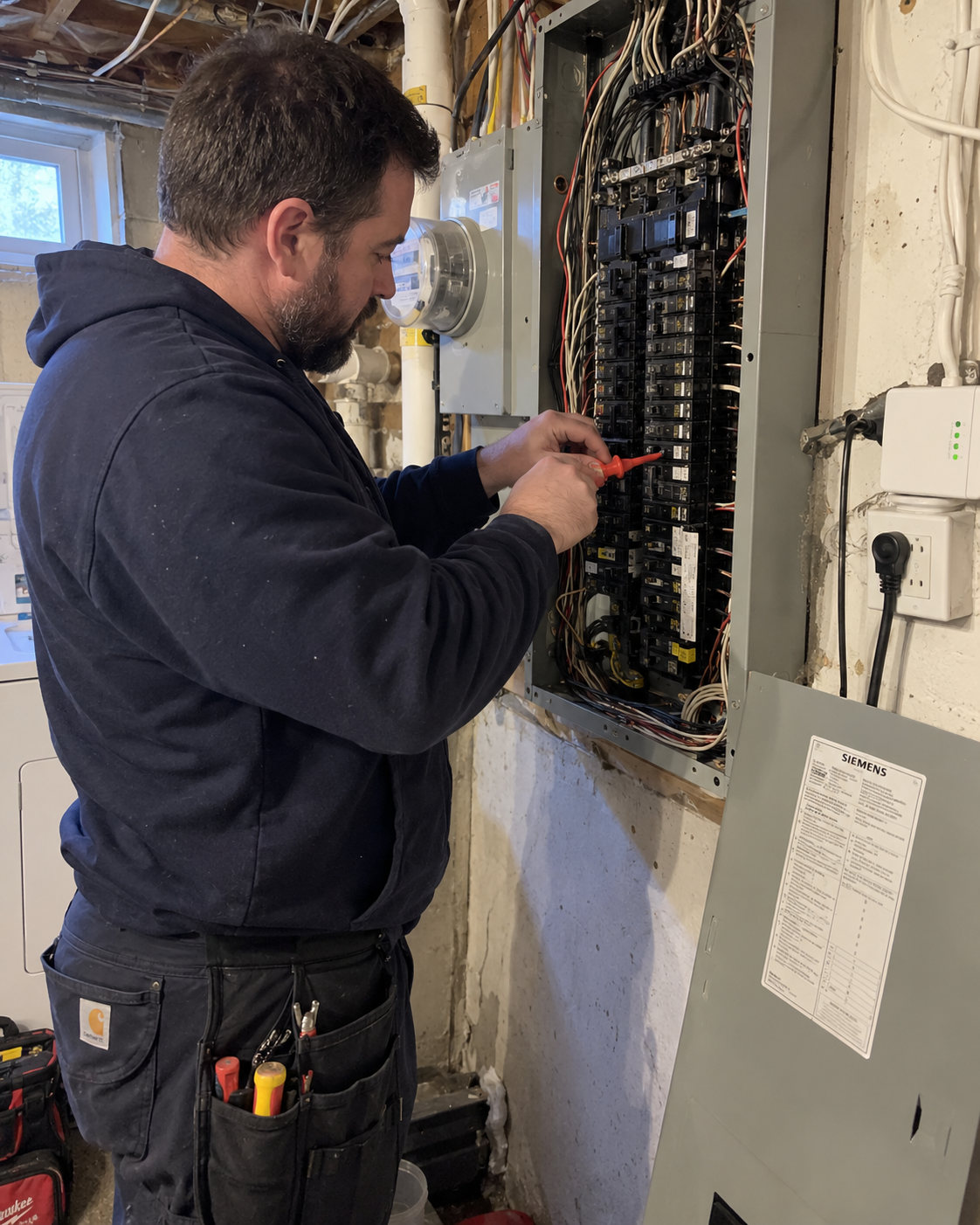 Licensed Toronto electrician testing and repairing a circuit breaker in a residential electrical panel