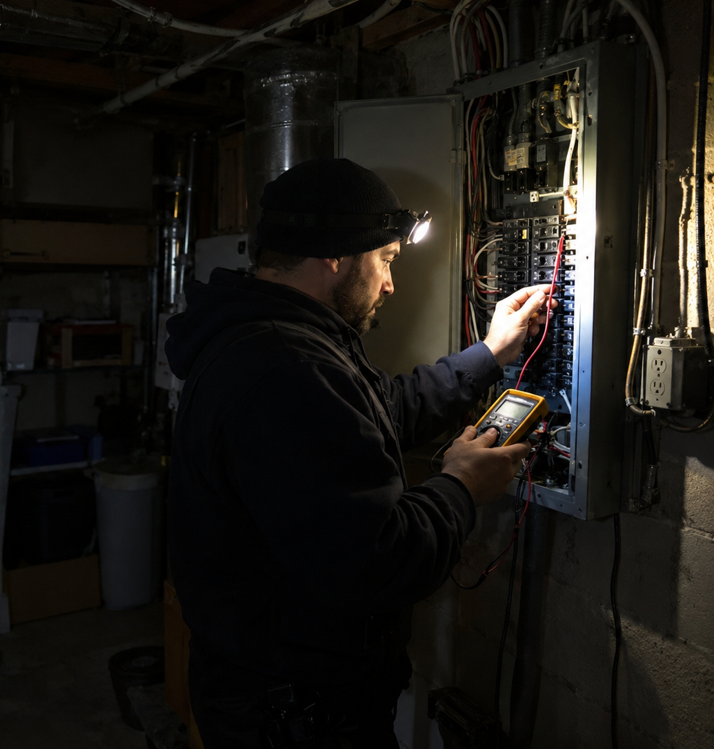Electrician testing circuit breakers at an electrical panel during a nighttime power outage
