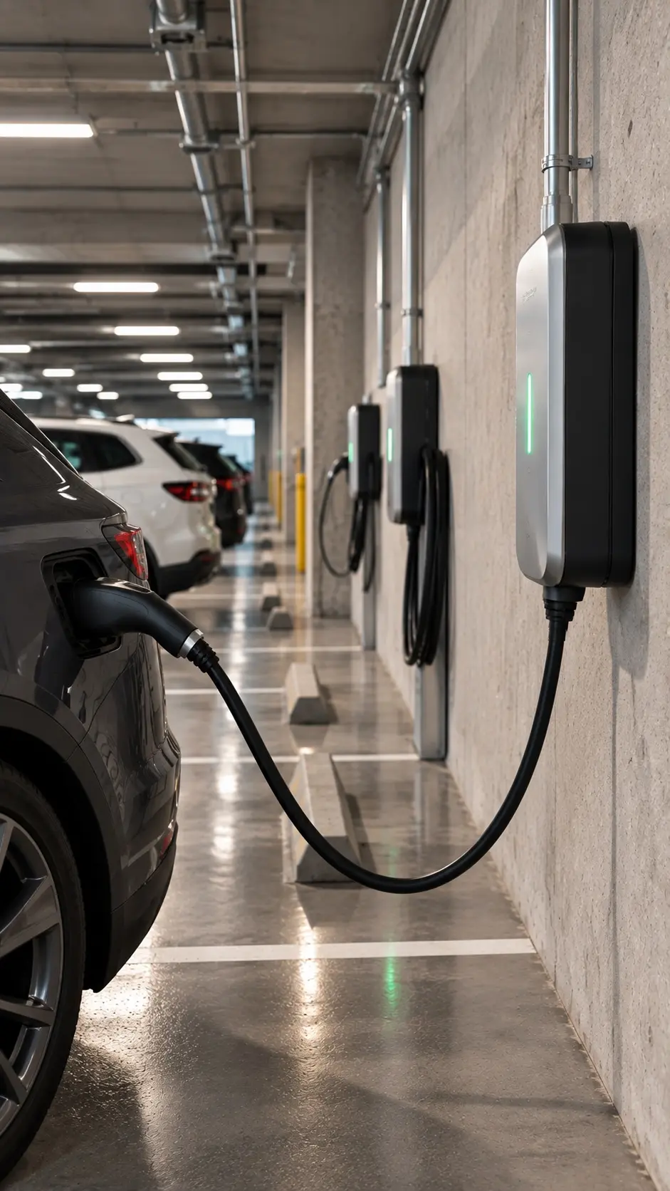 Electric vehicle charging stations in a parking area