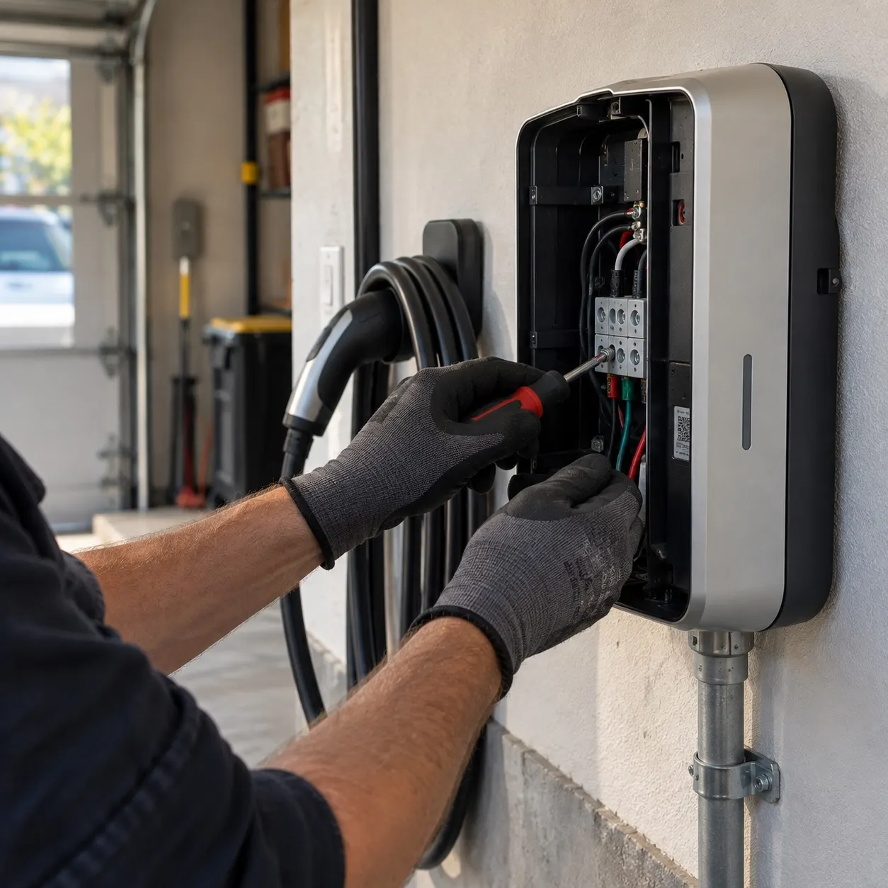 Level 2 EV charger mounted on a garage wall