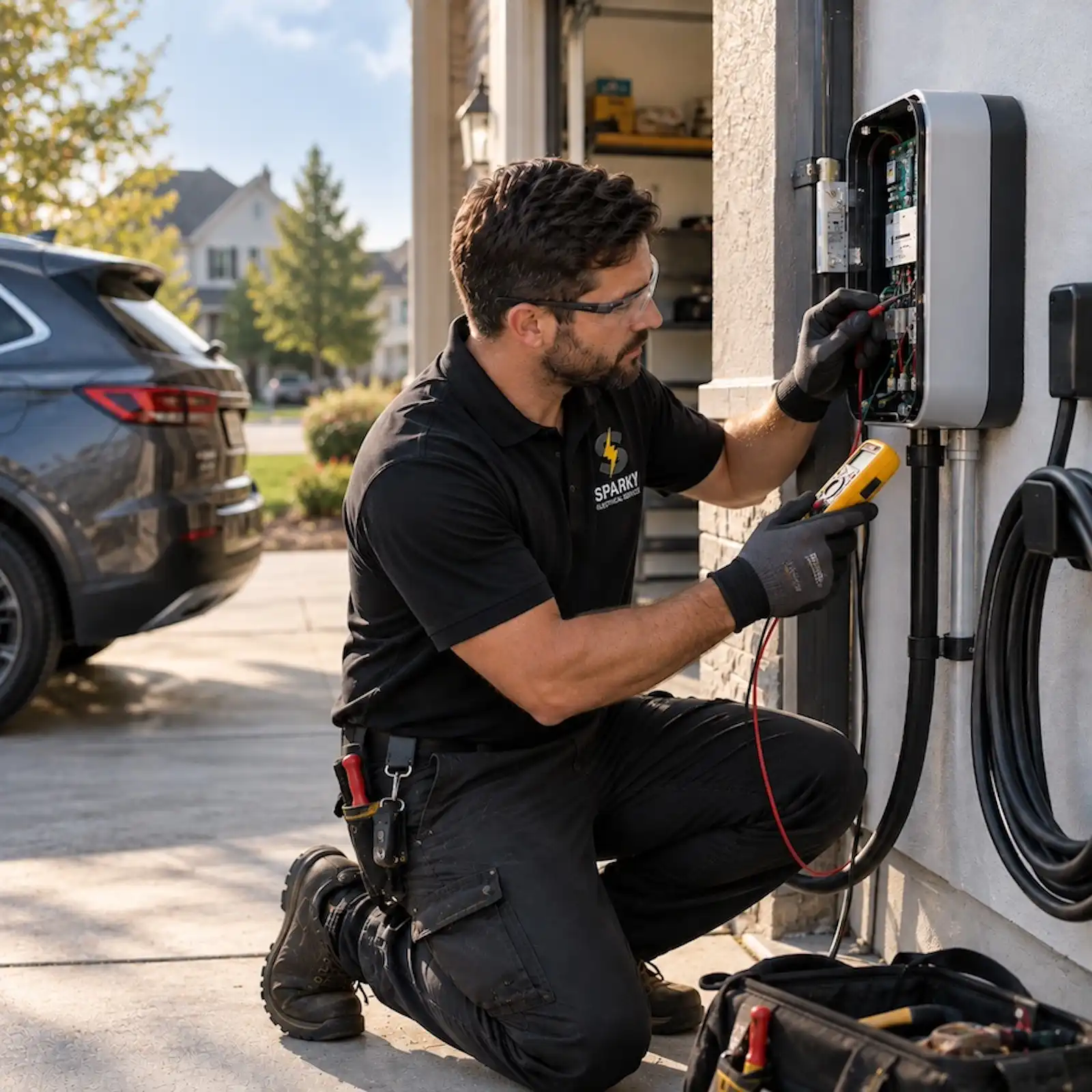 Electrician testing a home EV charger in a garage