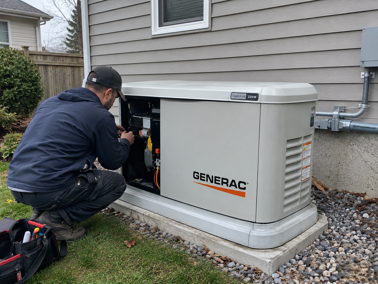 Toronto electrician inspecting and repairing a residential Generac standby generator beside a house